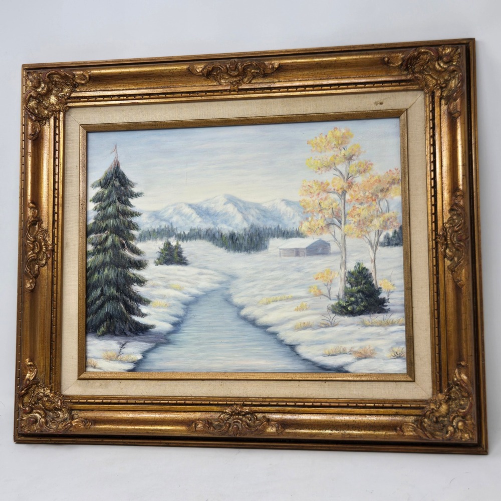 Vintage Winter Landscape Oil Painting Cabin Mountains Gold Ornate Frame 16.5x19